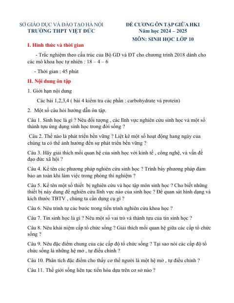 Đề cương ôn tập Giữa kì 1 Sinh học 10 năm 2024–2025 trường THPT Việt Đức (Hà Nội)